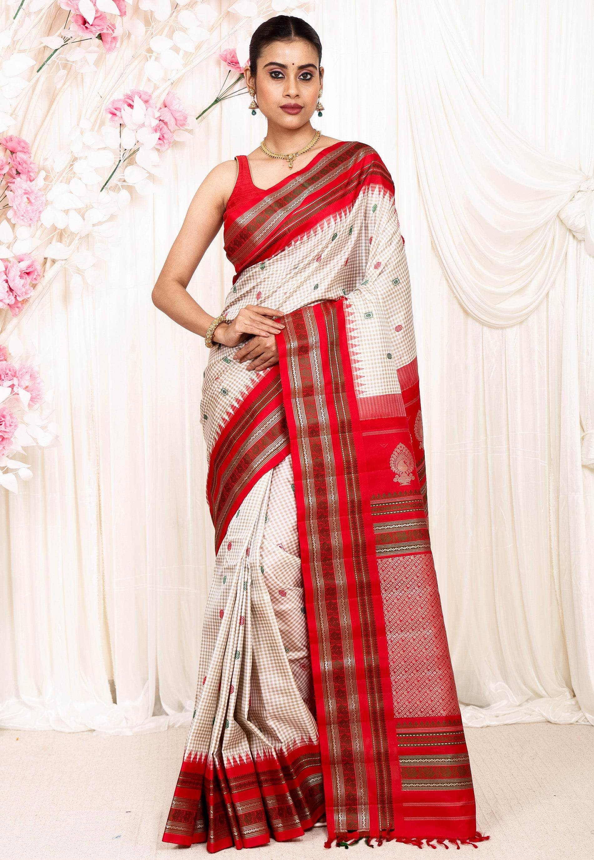 Off White checks with Red Border Gadwal Pure Silk Saree With Blouse Piece - Adi Akshoy & Co.