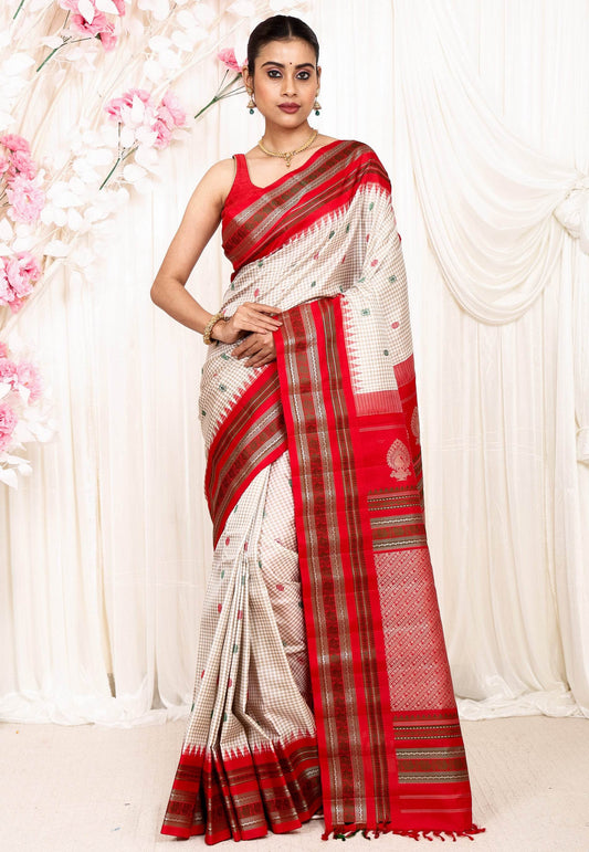 Off White checks with Red Border Gadwal Pure Silk Saree With Blouse Piece - Adi Akshoy & Co.
