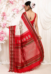Off White checks with Red Border Gadwal Pure Silk Saree With Blouse Piece - Adi Akshoy & Co.