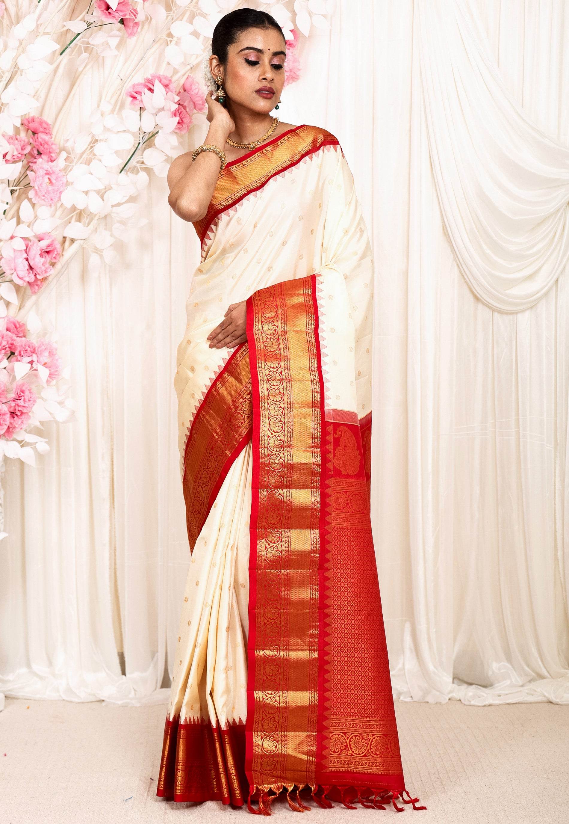 Off White with Red Border Gadwal Pure Silk Saree With Blouse Piece - Adi Akshoy & Co.