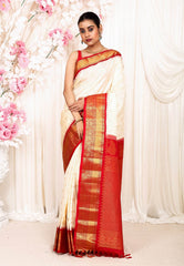 Off White with Red Border Gadwal Pure Silk Saree With Blouse Piece - Adi Akshoy & Co.