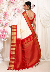 Off White with Red Border Gadwal Pure Silk Saree With Blouse Piece - Adi Akshoy & Co.