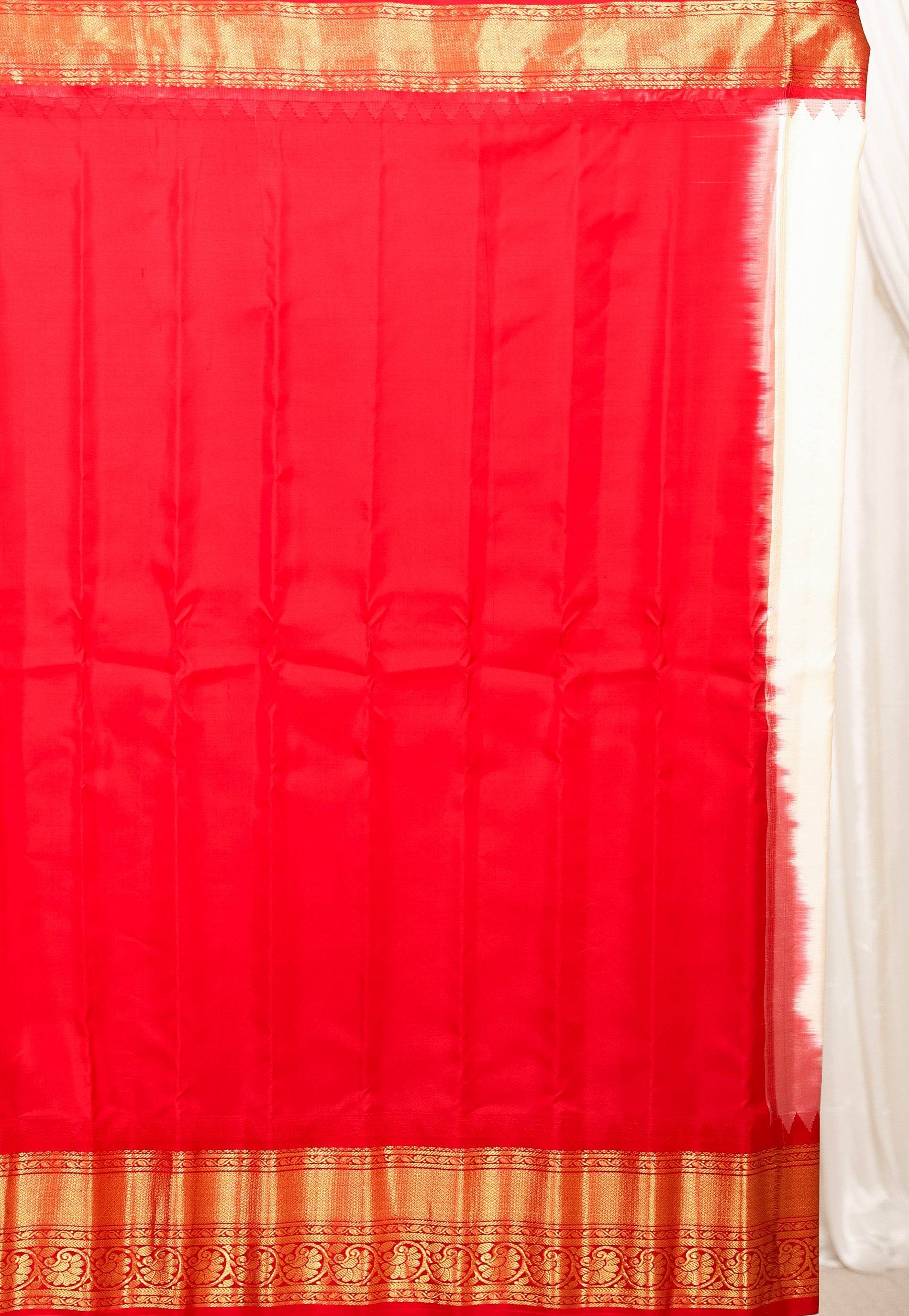 Off White with Red Border Gadwal Pure Silk Saree With Blouse Piece - Adi Akshoy & Co.