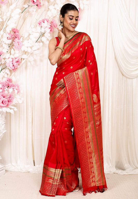 Red Gadwal Pure Silk Saree With Blouse Piece - Adi Akshoy & Co.
