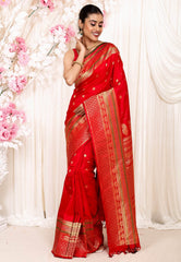 Red Gadwal Pure Silk Saree With Blouse Piece - Adi Akshoy & Co.