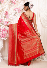 Red Gadwal Pure Silk Saree With Blouse Piece - Adi Akshoy & Co.