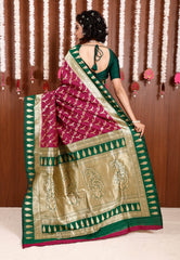 Magenta with Bottle Green Border Kanjivaram Silk Saree With Blouse Piece - Adi Akshoy & Co.