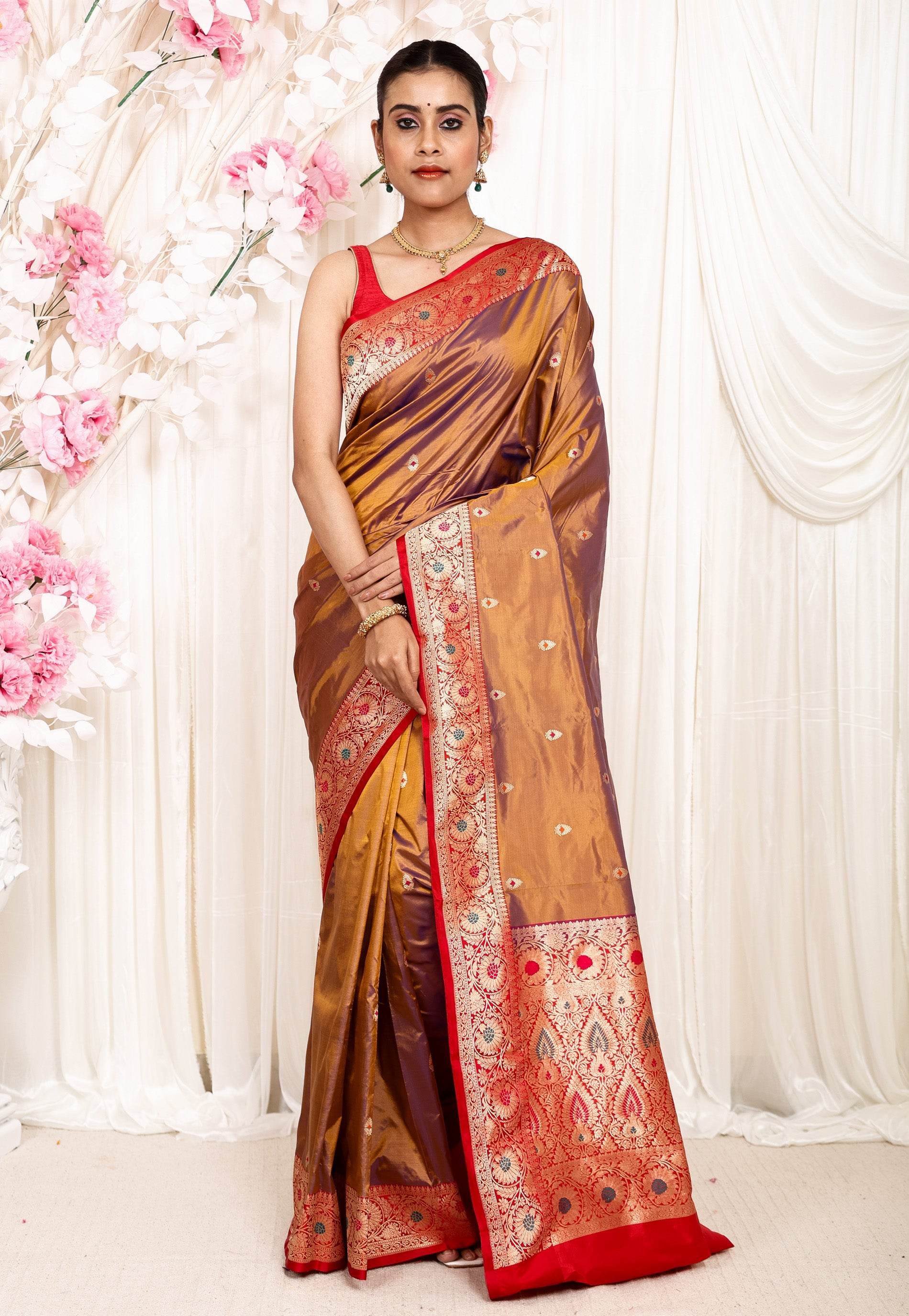 Mustard Minakari with Red Border Katan Pure Silk Saree With Blouse Piece - Adi Akshoy & Co.