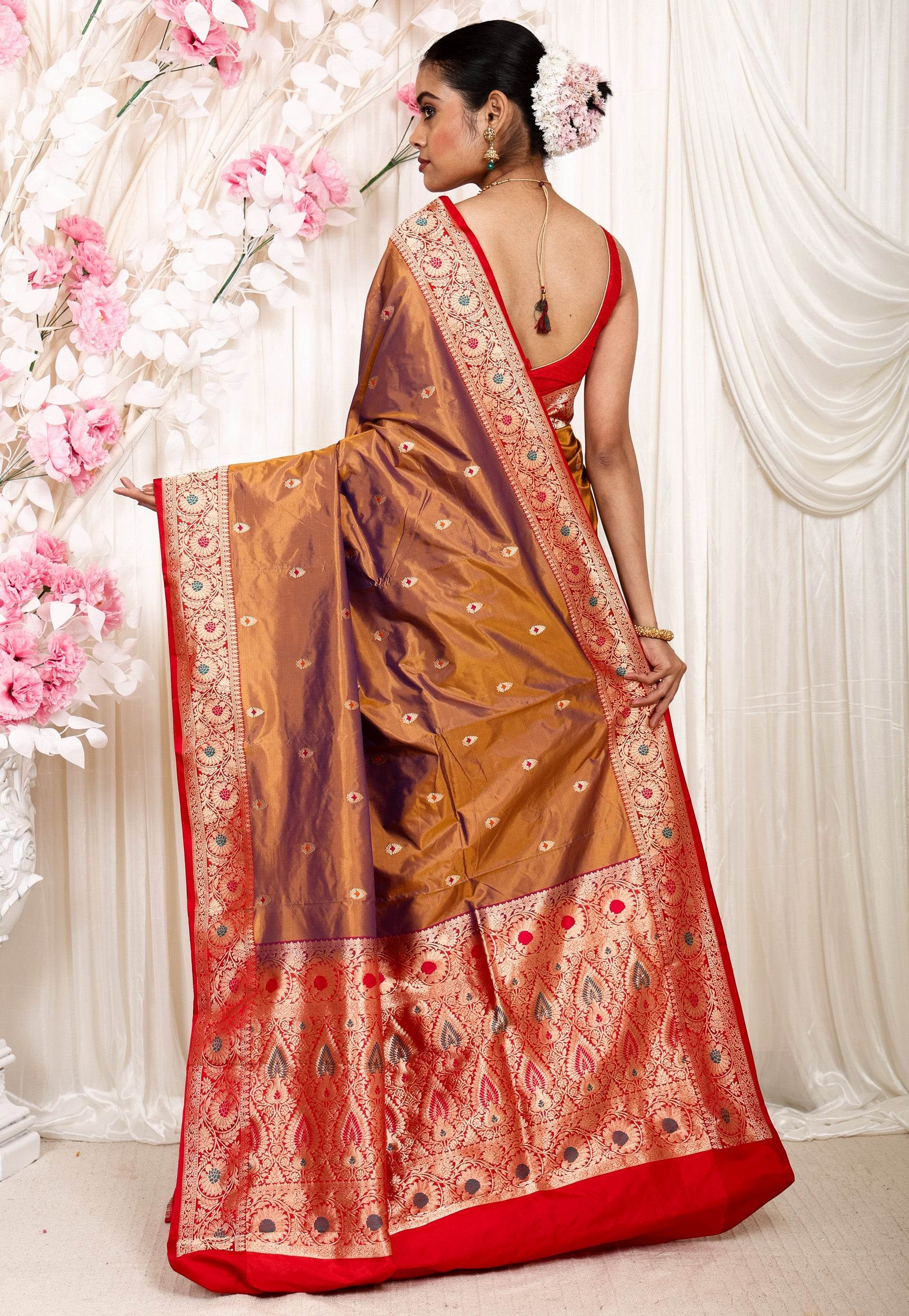 Mustard Minakari with Red Border Katan Pure Silk Saree With Blouse Piece - Adi Akshoy & Co.