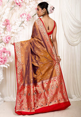 Mustard Minakari with Red Border Katan Pure Silk Saree With Blouse Piece - Adi Akshoy & Co.