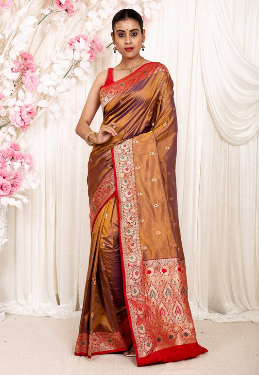 Mustard Minakari with Red Border Katan Pure Silk Saree With Blouse Piece - Adi Akshoy & Co.