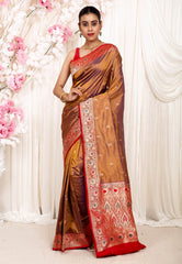 Mustard Minakari with Red Border Katan Pure Silk Saree With Blouse Piece - Adi Akshoy & Co.