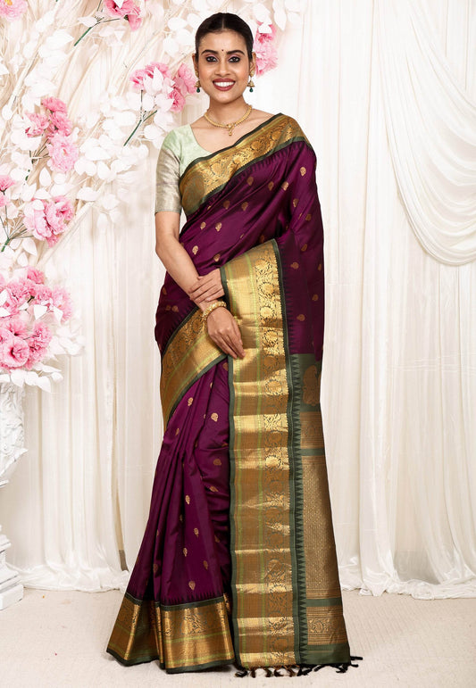 Magenta with Olive Green Border Gadwal Pure Silk Saree With Blouse Piece - Adi Akshoy & Co.