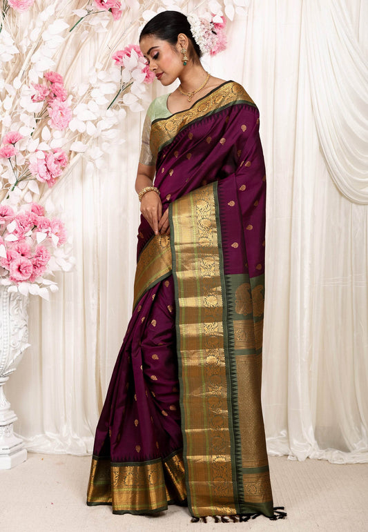 Magenta with Olive Green Border Gadwal Pure Silk Saree With Blouse Piece - Adi Akshoy & Co.