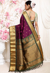 Magenta with Olive Green Border Gadwal Pure Silk Saree With Blouse Piece - Adi Akshoy & Co.