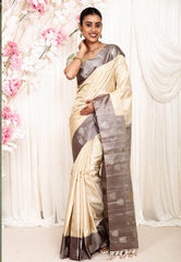 Off White with Grey Border Gadwal Pure Silk Saree With Blouse Piece - Adi Akshoy & Co.