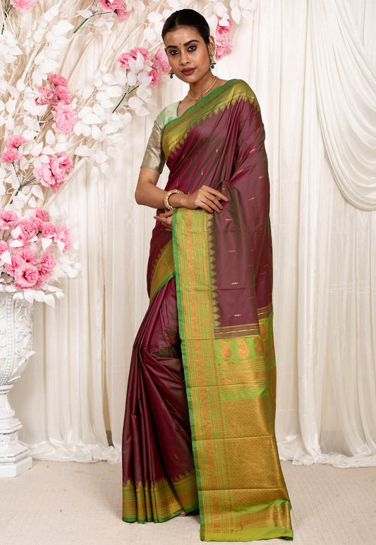 Cross Magenta with Parrot Green Border Kanjivaram Silk Saree With Blouse Piece - Adi Akshoy & Co.