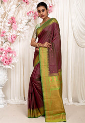 Cross Magenta with Parrot Green Border Kanjivaram Silk Saree With Blouse Piece - Adi Akshoy & Co.