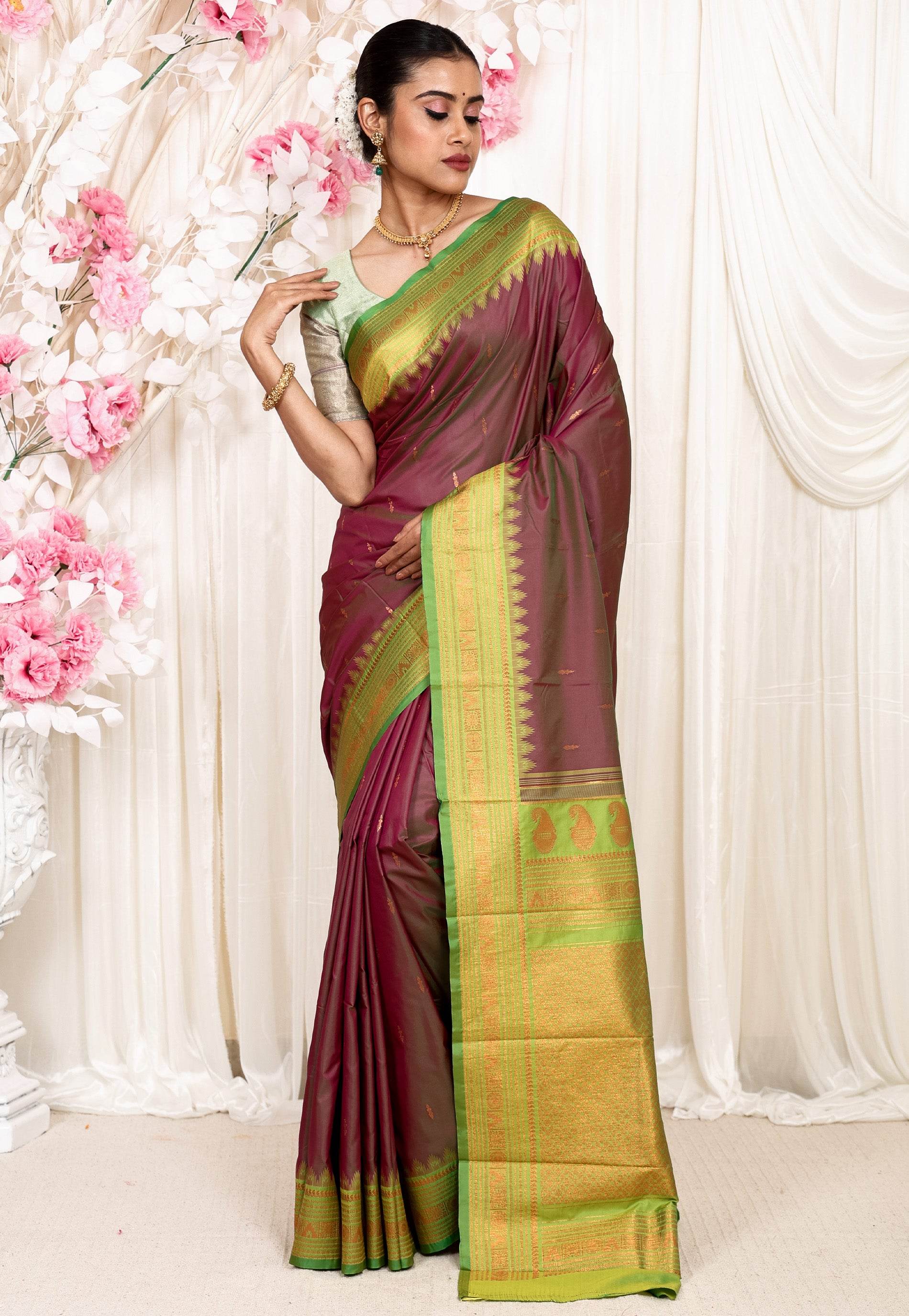 Cross Magenta with Parrot Green Border Kanjivaram Silk Saree With Blouse Piece - Adi Akshoy & Co.