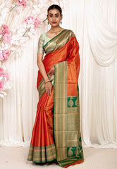 Orange with Green Border Tissue Kanjivaram Silk Saree With Blouse Piece - Adi Akshoy & Co.