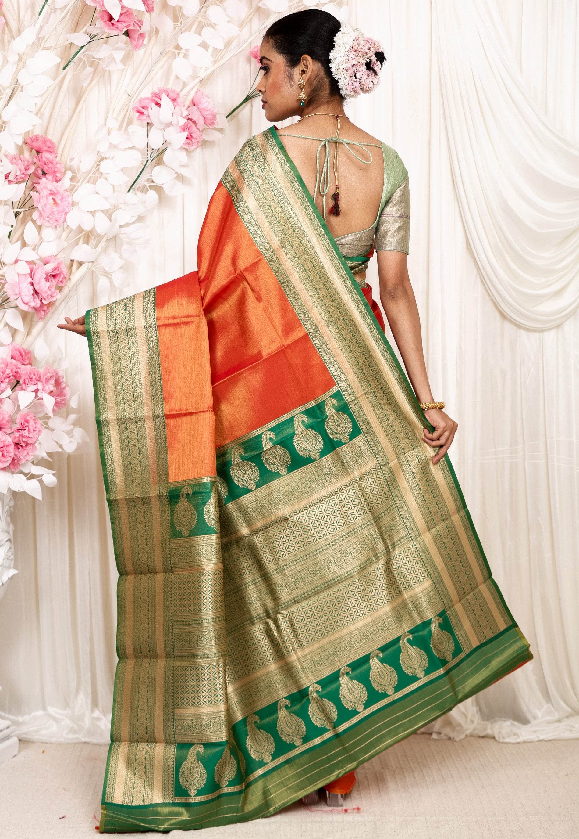 Orange with Green Border Tissue Kanjivaram Silk Saree With Blouse Piece - Adi Akshoy & Co.