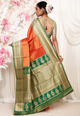 Orange with Green Border Tissue Kanjivaram Silk Saree With Blouse Piece - Adi Akshoy & Co.
