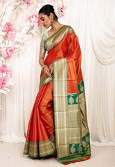 Orange with Green Border Tissue Kanjivaram Silk Saree With Blouse Piece - Adi Akshoy & Co.