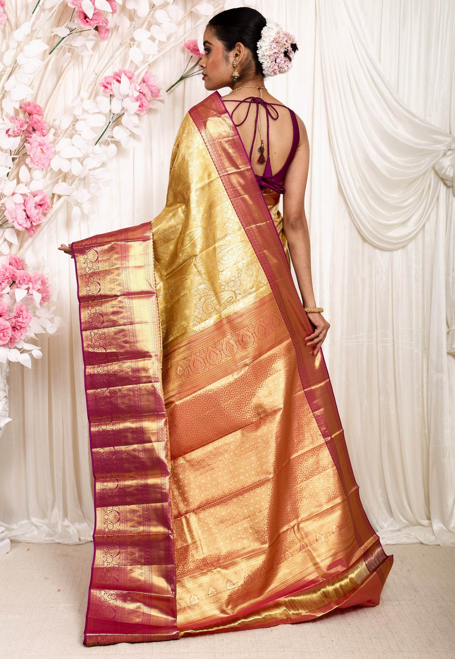 Golden Brocade with Magenta Border Tissue Kanjivaram Pure Silk Saree With Blouse Piece - Adi Akshoy & Co.