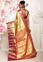Golden Brocade with Magenta Border Tissue Kanjivaram Pure Silk Saree With Blouse Piece - Adi Akshoy & Co.
