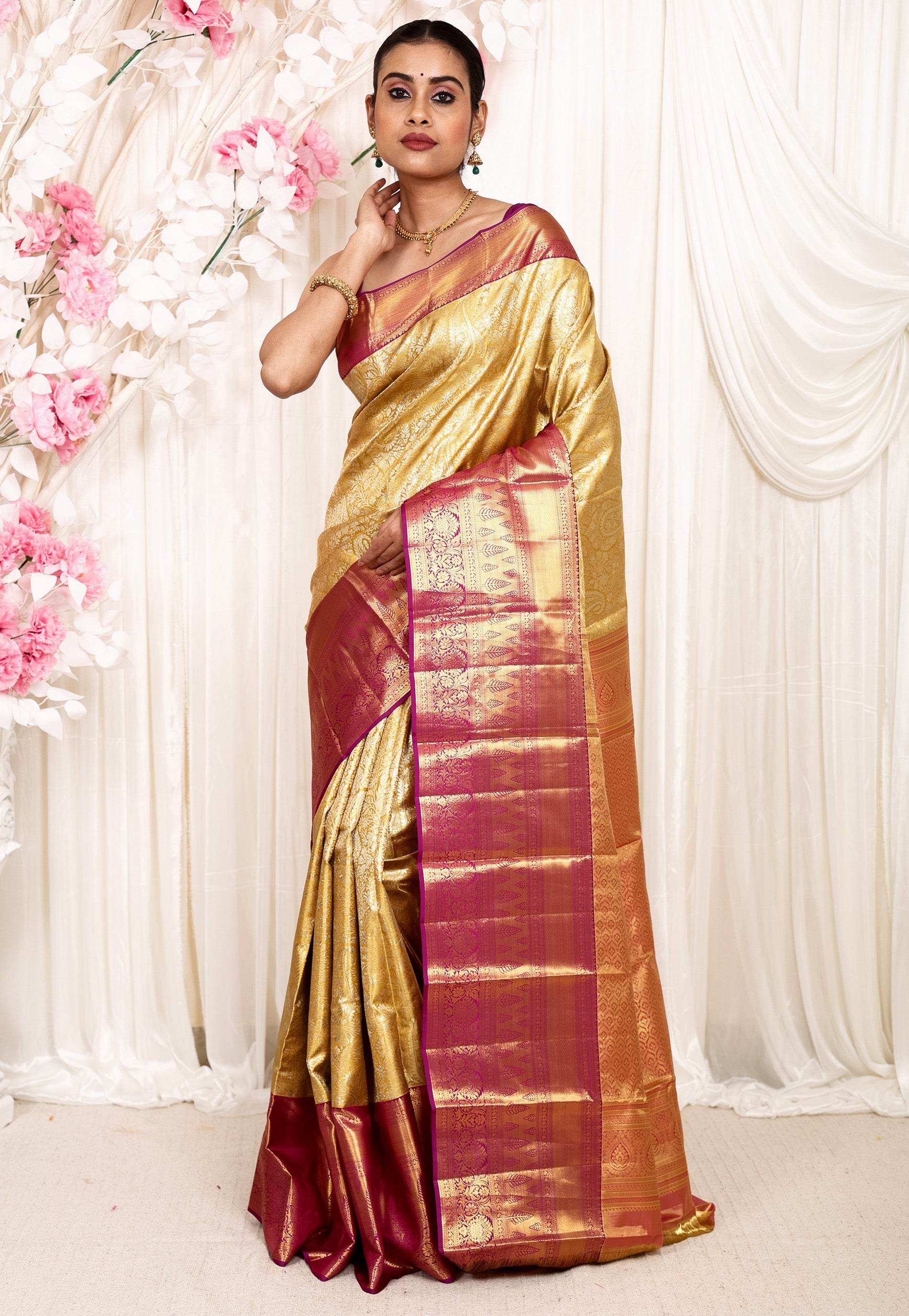 Golden Brocade with Magenta Border Tissue Kanjivaram Pure Silk Saree With Blouse Piece - Adi Akshoy & Co.
