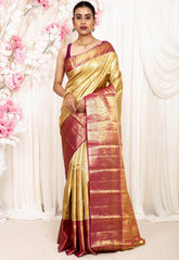 Golden Brocade with Magenta Border Tissue Kanjivaram Pure Silk Saree With Blouse Piece - Adi Akshoy & Co.