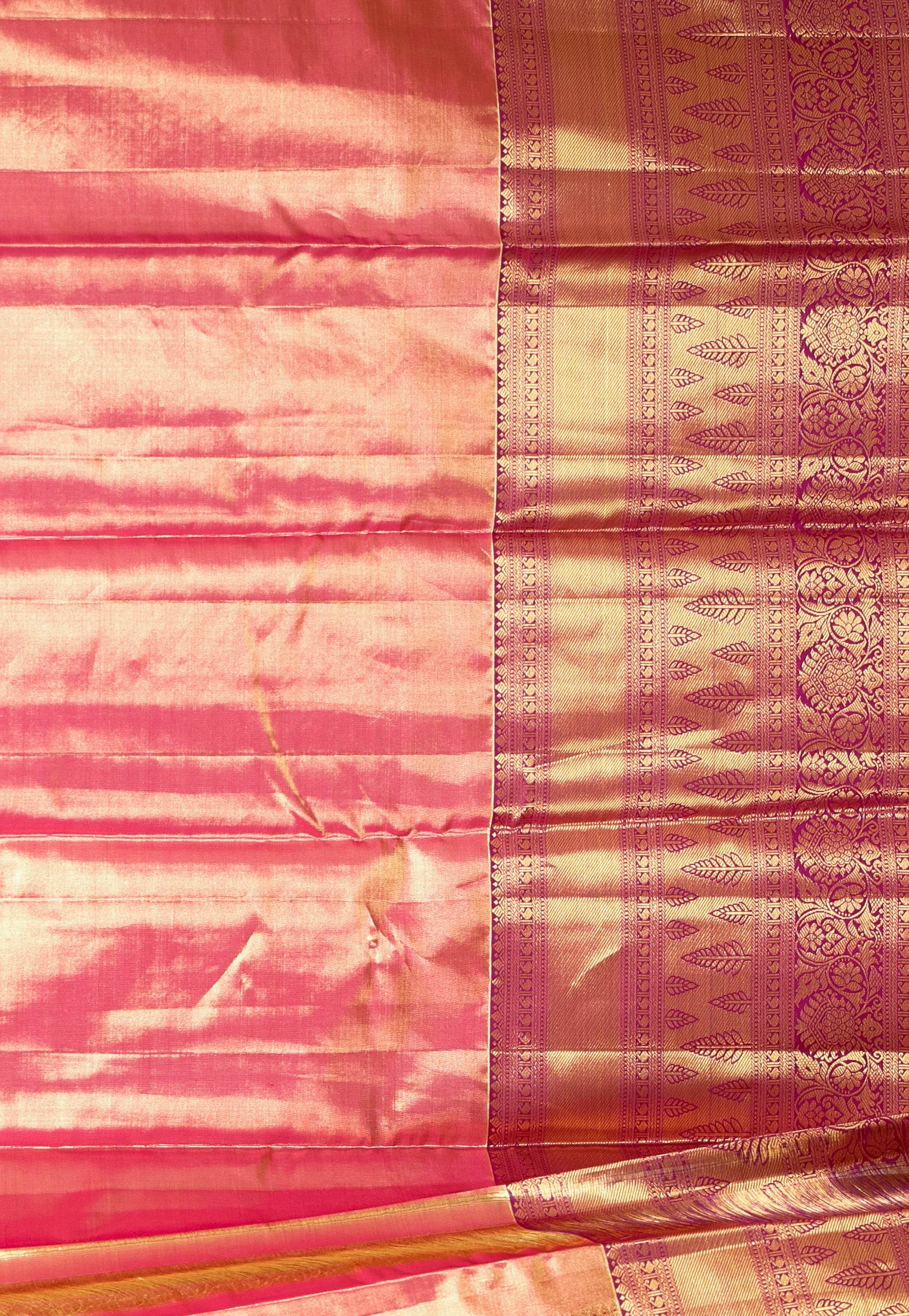 Golden Brocade with Magenta Border Tissue Kanjivaram Pure Silk Saree With Blouse Piece - Adi Akshoy & Co.