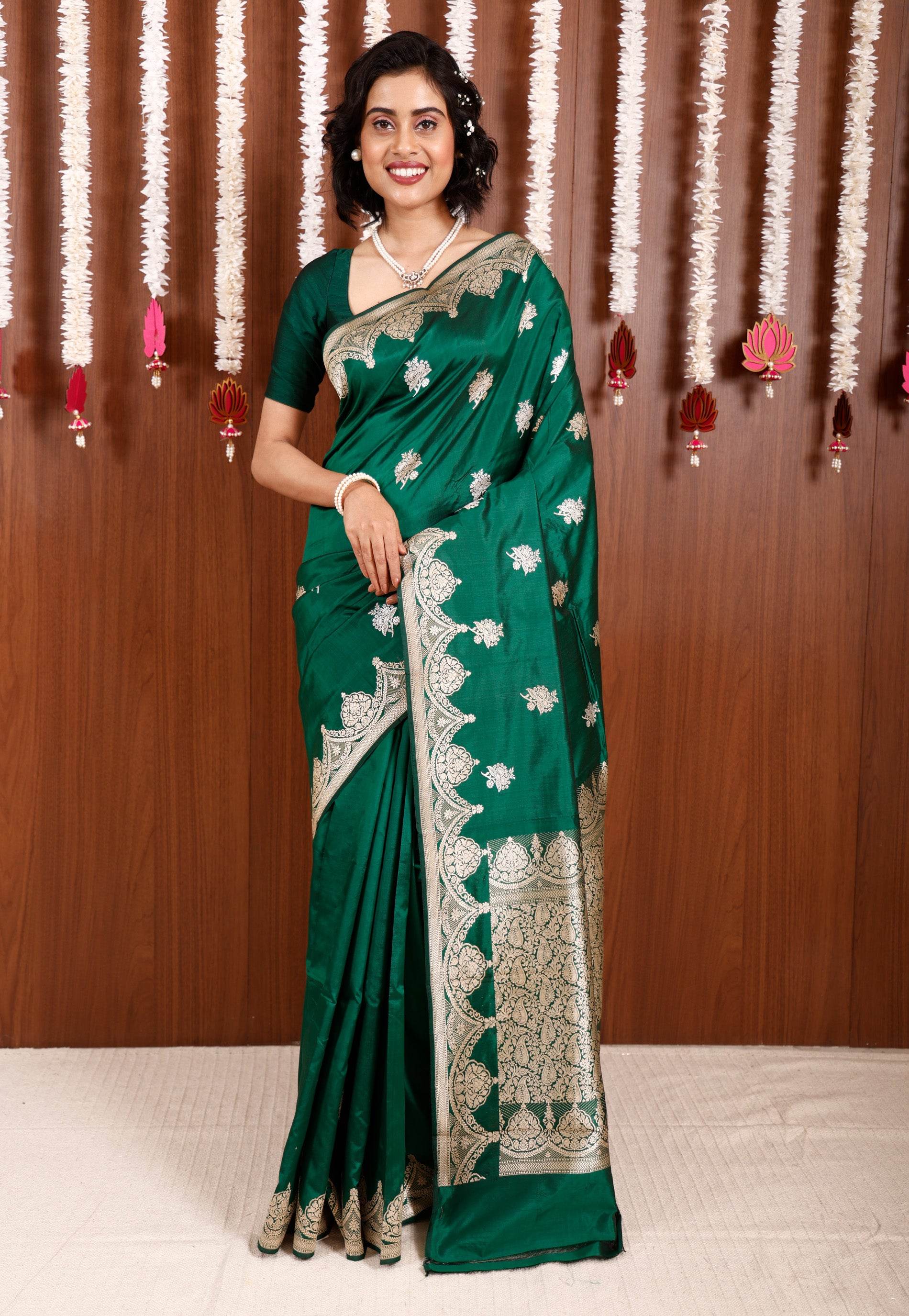 Bottle Green Katan Pure Silk Saree With Blouse Piece - Adi Akshoy & Co.