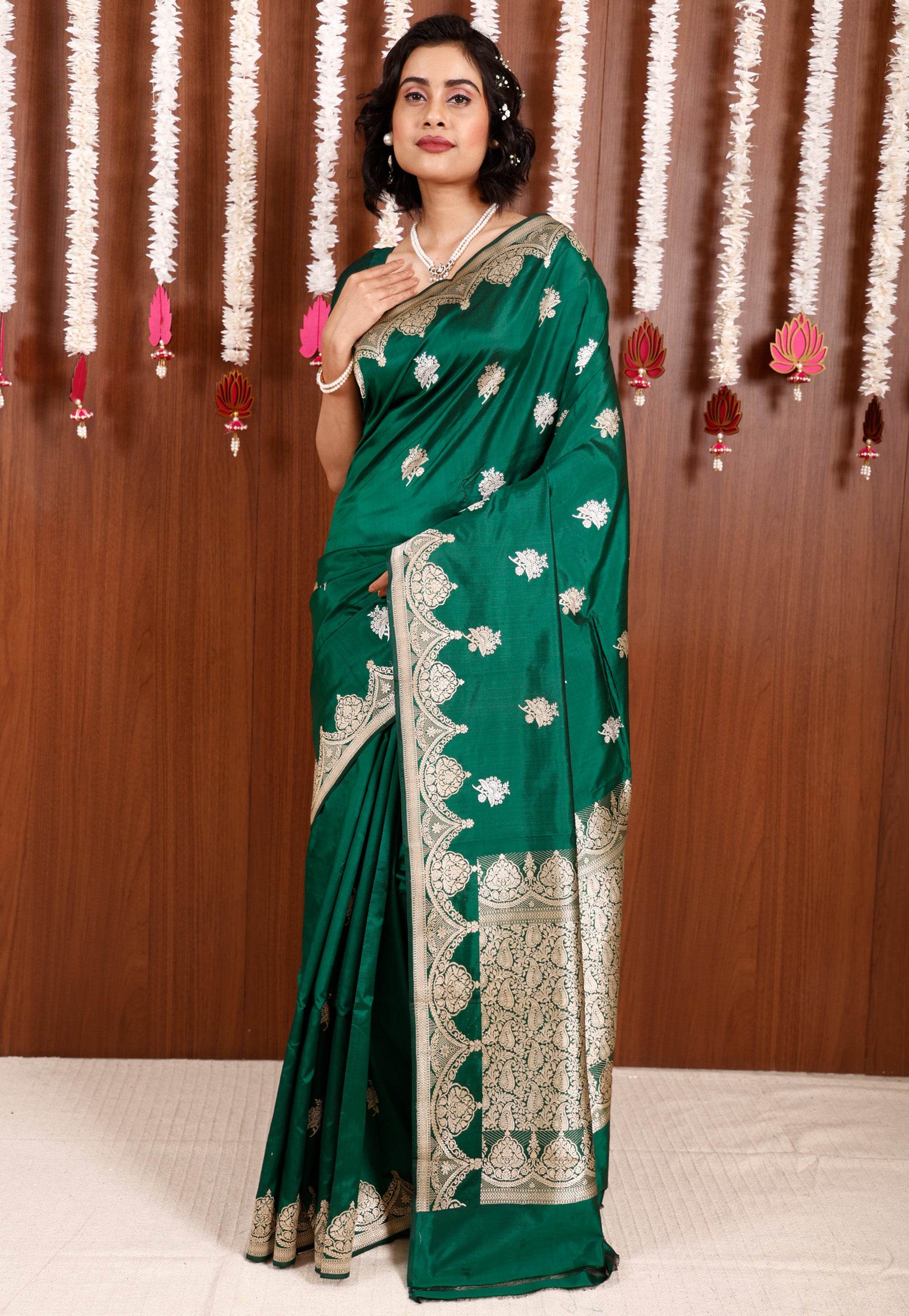 Bottle Green Katan Pure Silk Saree With Blouse Piece - Adi Akshoy & Co.