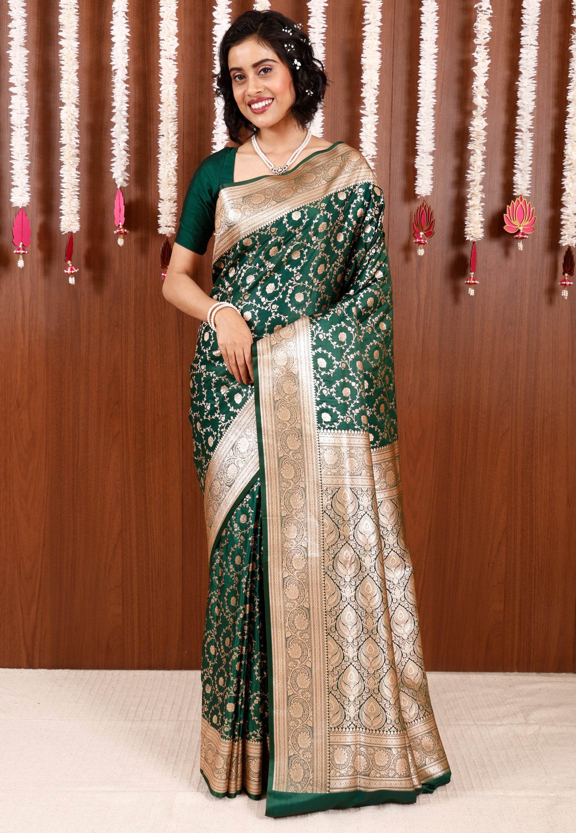 Bottle Green Wedding Banarasi Silk Saree with Blouse Piece - Adi Akshoy & Co.
