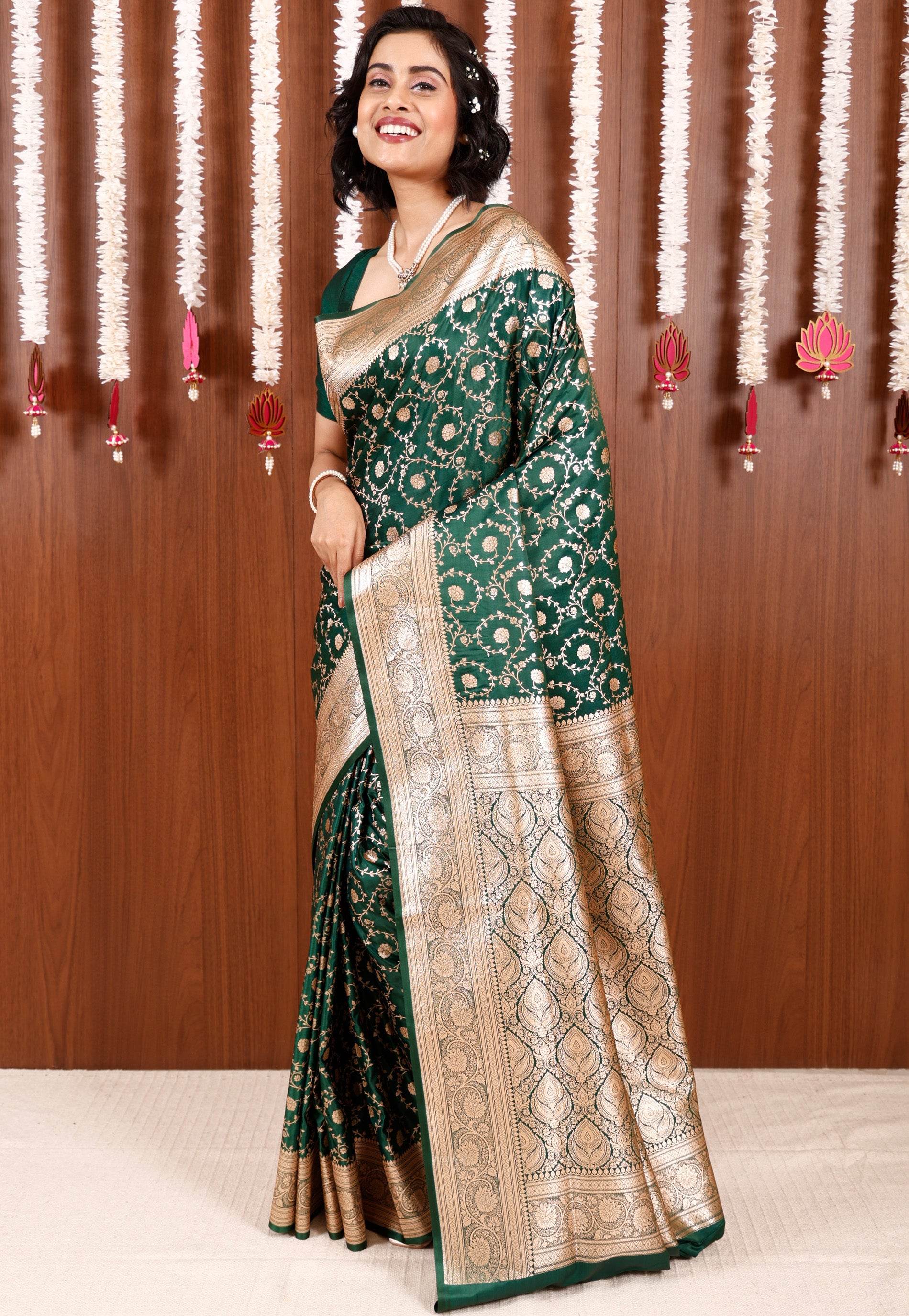 Bottle Green Wedding Banarasi Silk Saree with Blouse Piece - Adi Akshoy & Co.
