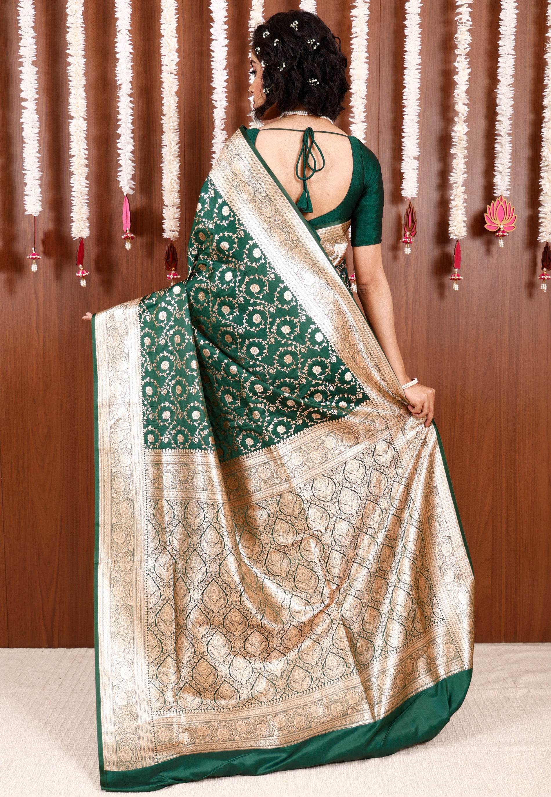 Bottle Green Wedding Banarasi Silk Saree with Blouse Piece - Adi Akshoy & Co.