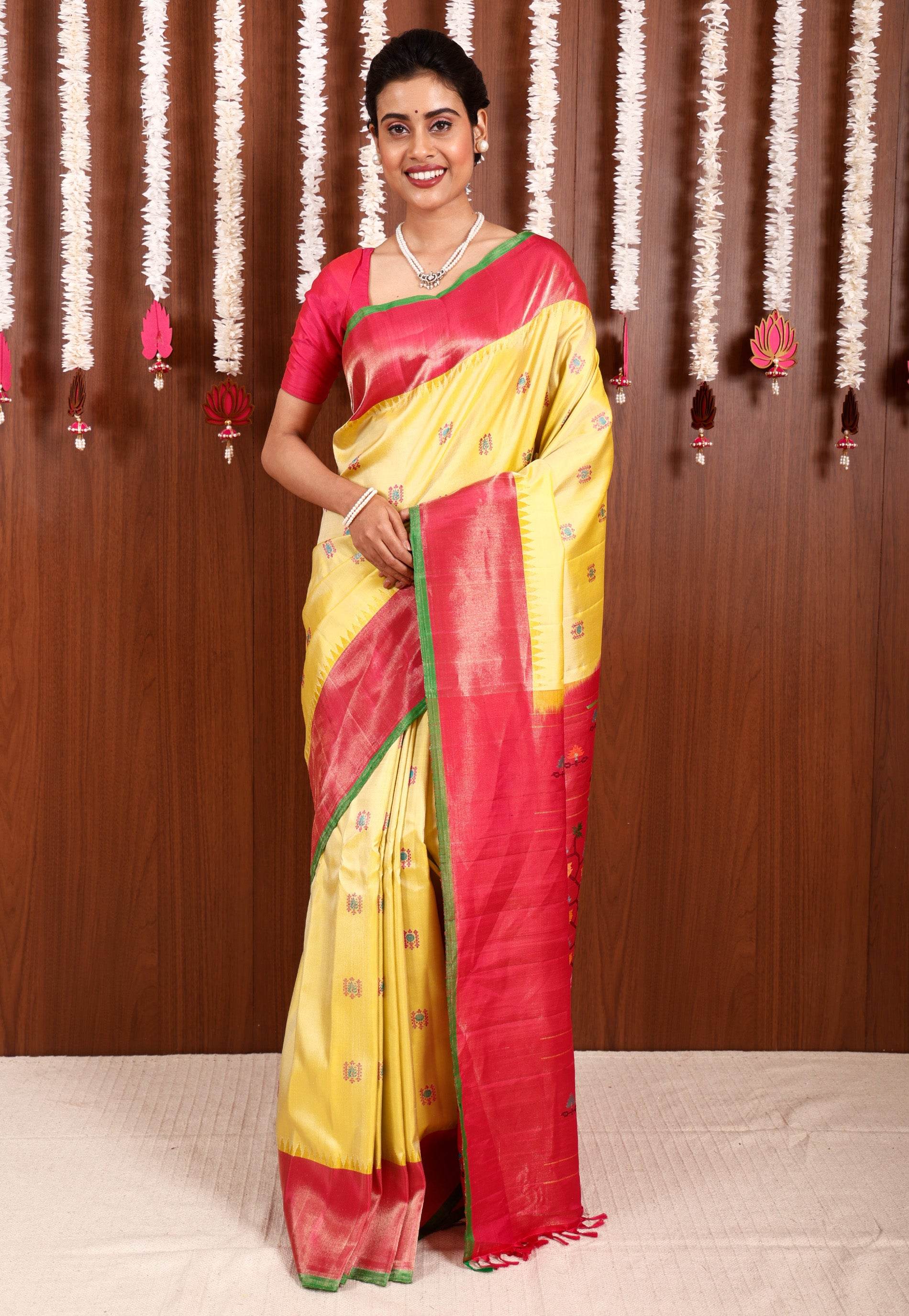 Lemon Yellow with Rani Border Gadwal Pure Silk Saree With Blouse Piece - Adi Akshoy & Co.
