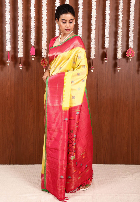 Lemon Yellow with Rani Border Gadwal Pure Silk Saree With Blouse Piece - Adi Akshoy & Co.