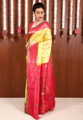 Lemon Yellow with Rani Border Gadwal Pure Silk Saree With Blouse Piece - Adi Akshoy & Co.