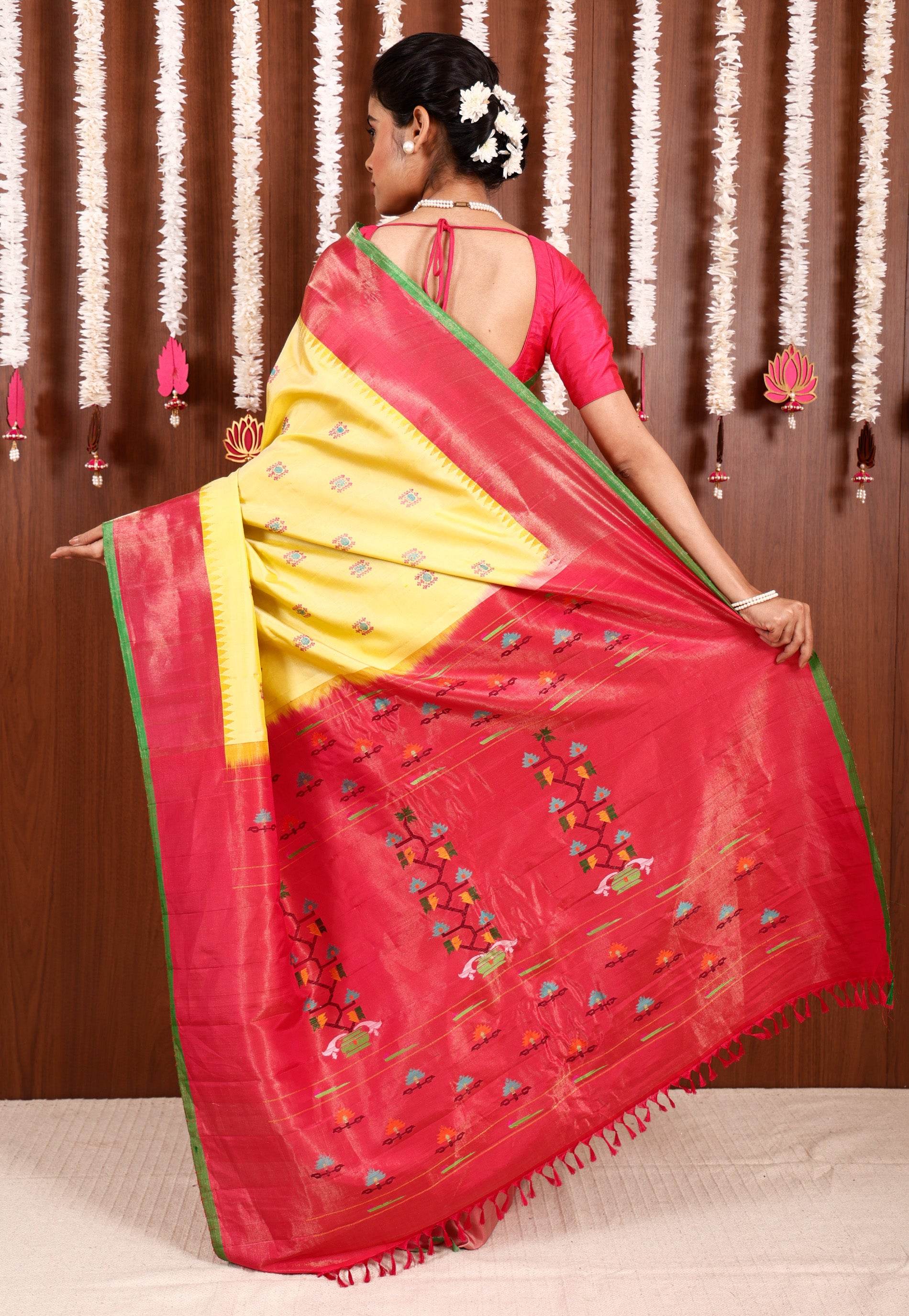 Lemon Yellow with Rani Border Gadwal Pure Silk Saree With Blouse Piece - Adi Akshoy & Co.