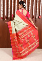 Tussar with Pink Border Gadwal Pure Silk Saree With Blouse Piece - Adi Akshoy & Co.
