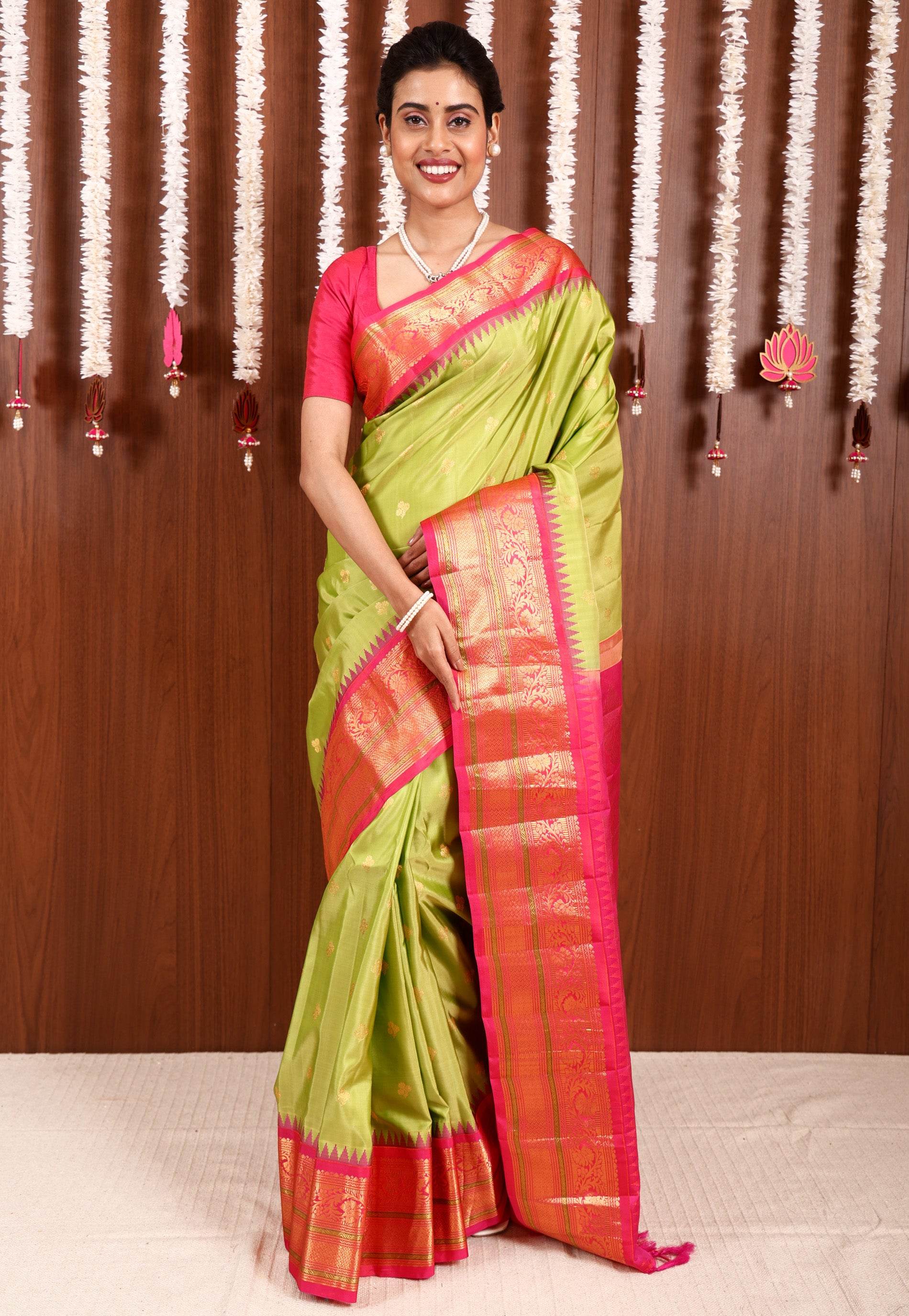 Parrot Green with Rani Pink Border Gadwal Pure Silk Saree With Blouse Piece - Adi Akshoy & Co.