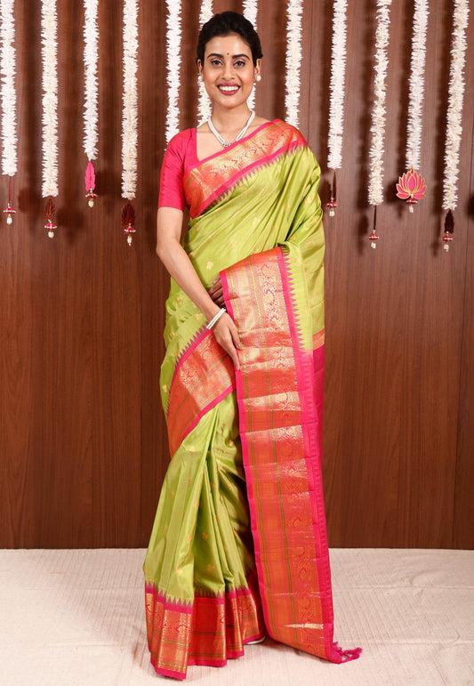 Parrot Green with Rani Pink Border Gadwal Pure Silk Saree With Blouse Piece - Adi Akshoy & Co.