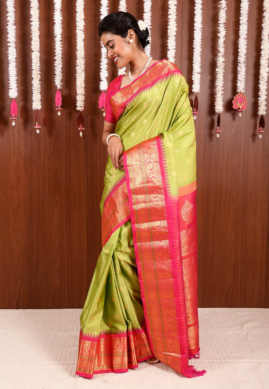 Parrot Green with Rani Pink Border Gadwal Pure Silk Saree With Blouse Piece - Adi Akshoy & Co.