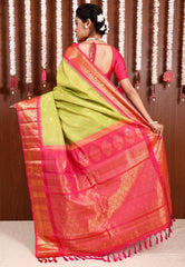 Parrot Green with Rani Pink Border Gadwal Pure Silk Saree With Blouse Piece - Adi Akshoy & Co.