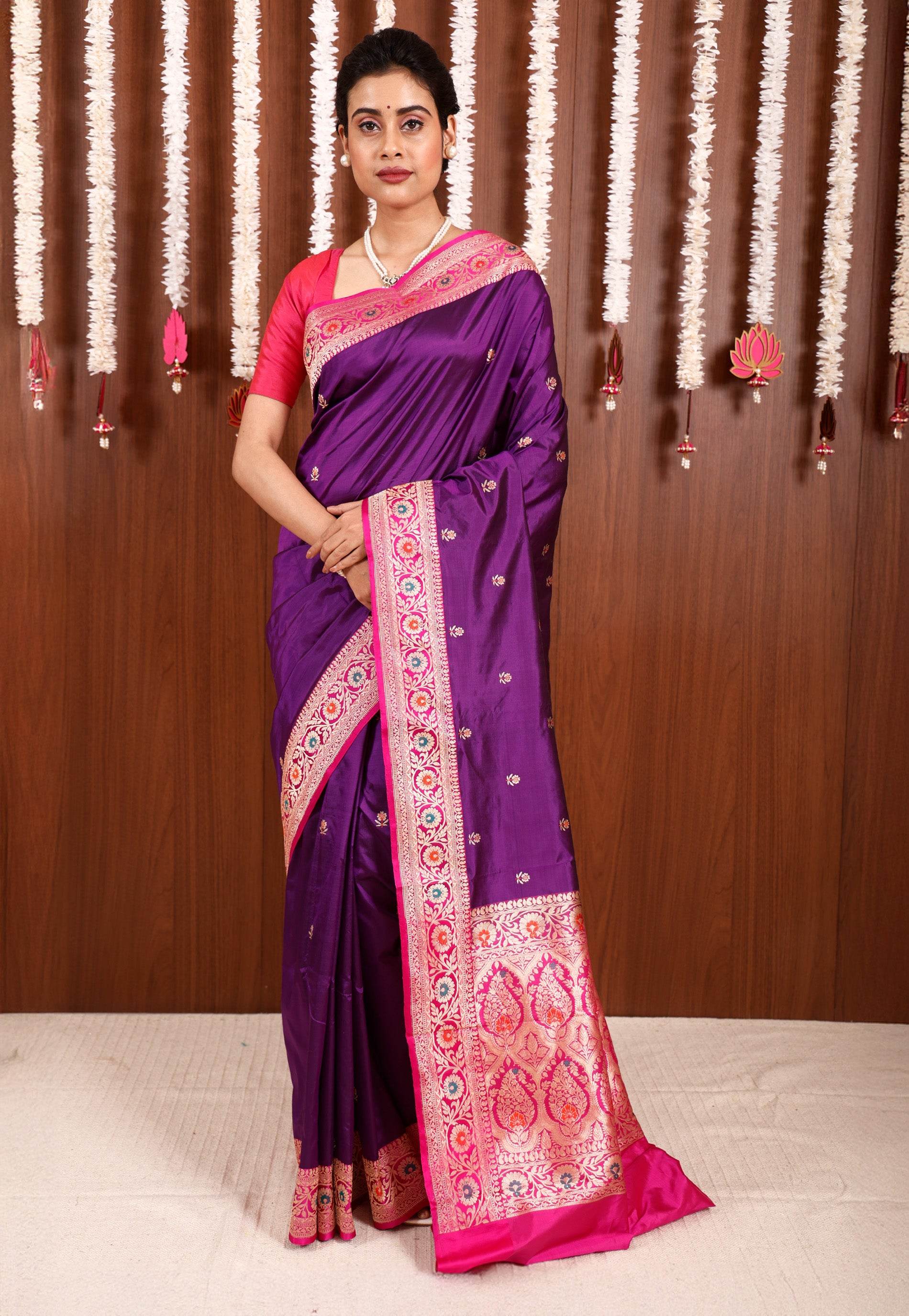 Purple with Rani Pink Border Katan Pure Silk Saree With Blouse Piece - Adi Akshoy & Co.
