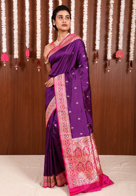 Purple with Rani Pink Border Katan Pure Silk Saree With Blouse Piece - Adi Akshoy & Co.