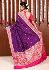 Purple with Rani Pink Border Katan Pure Silk Saree With Blouse Piece - Adi Akshoy & Co.