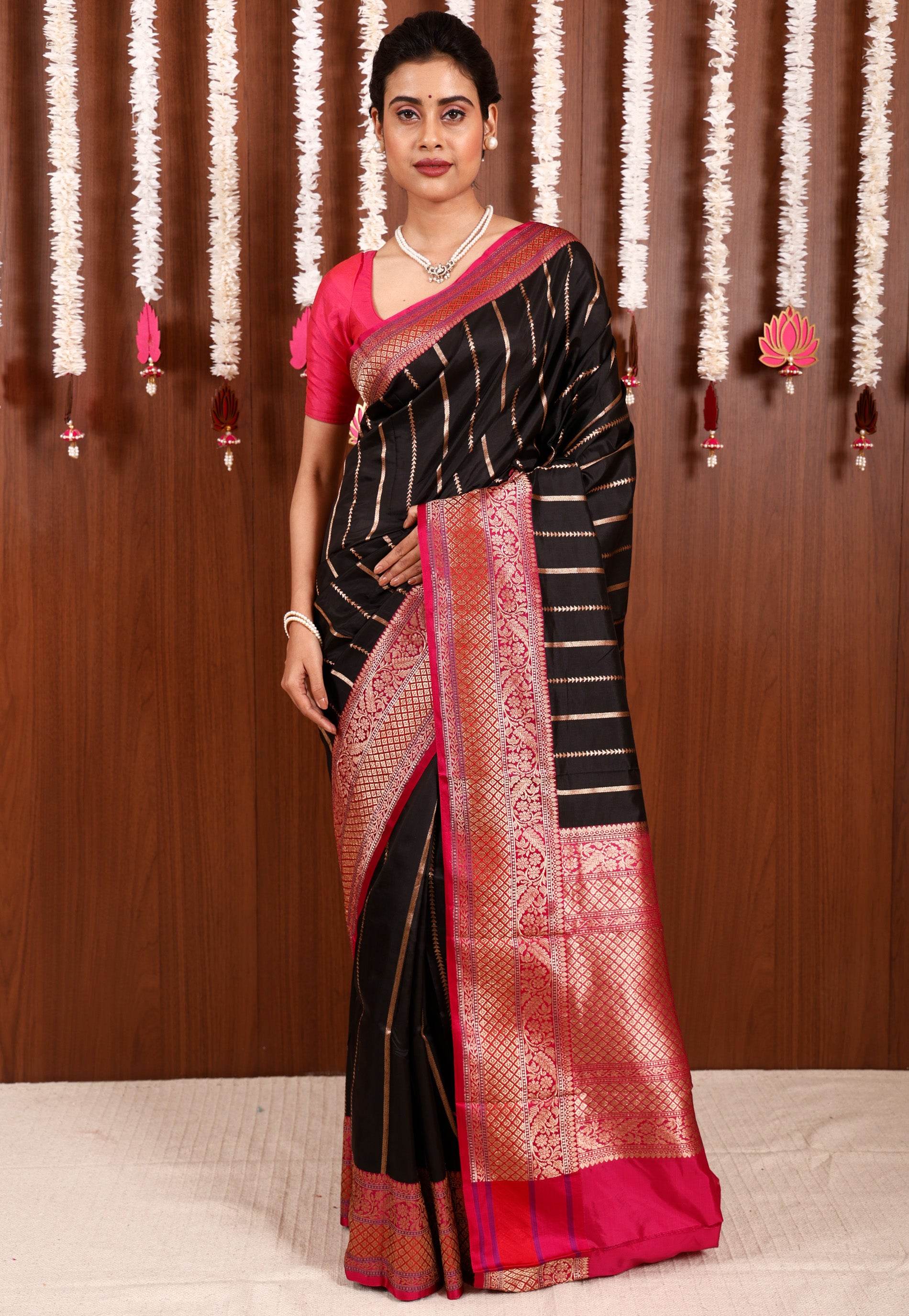Black with Magenta Border Katan Pure Silk Saree With Blouse Piece - Adi Akshoy & Co.